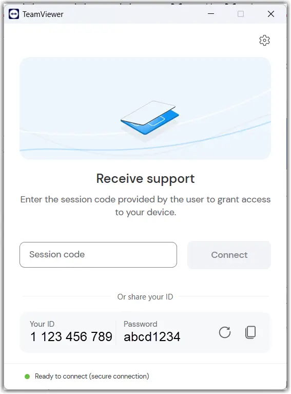 Ejemplo de TeamViewer QuickSupport mostrando dónde aparecen Your ID y Password