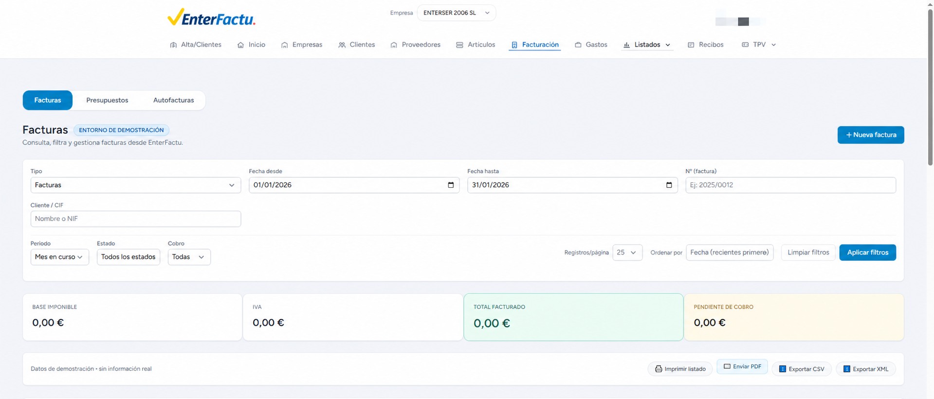 Captura de EnterFactu, programa de facturación compatible con VERI*FACTU